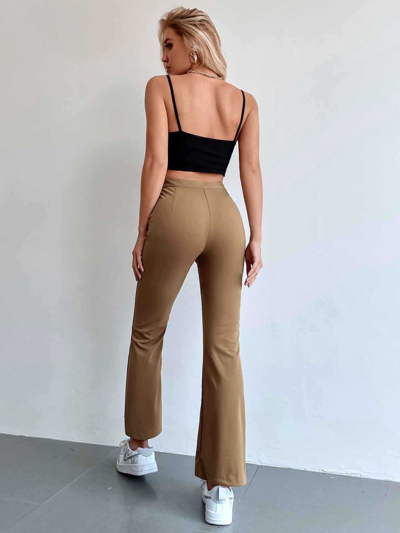 Front Seam Elastic Waist Flare Leg Pants (Khaki) – In Pursuit