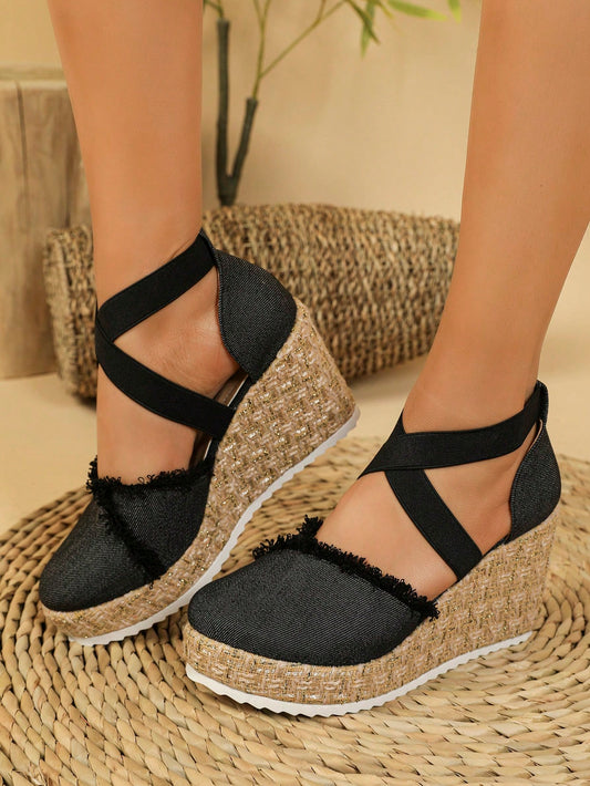 Women Two Tone Bow Decor Espadrille Wedge Shoes, Vacation Faux Suede Ankle  Strap Court Wedges For Outdoor